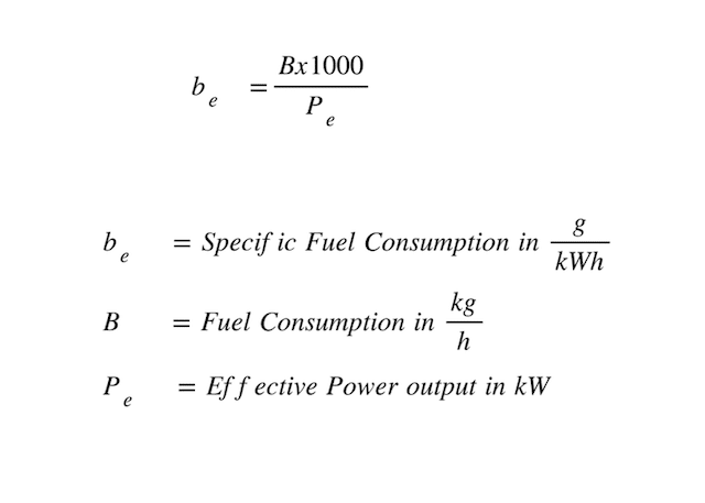 The formula for the calculation of specific fuel consumption in grams per kilowatthour