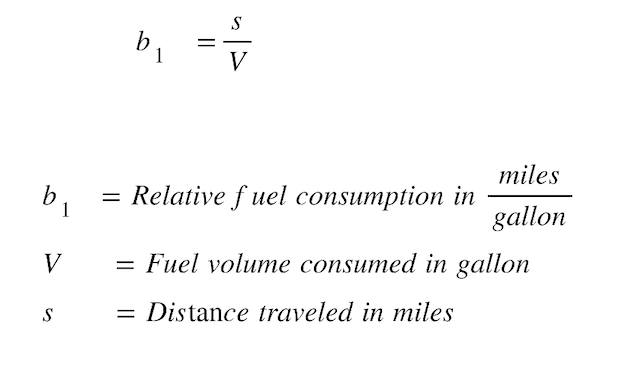 The formula for the calculation of relative fuel consumption in miles per gallon